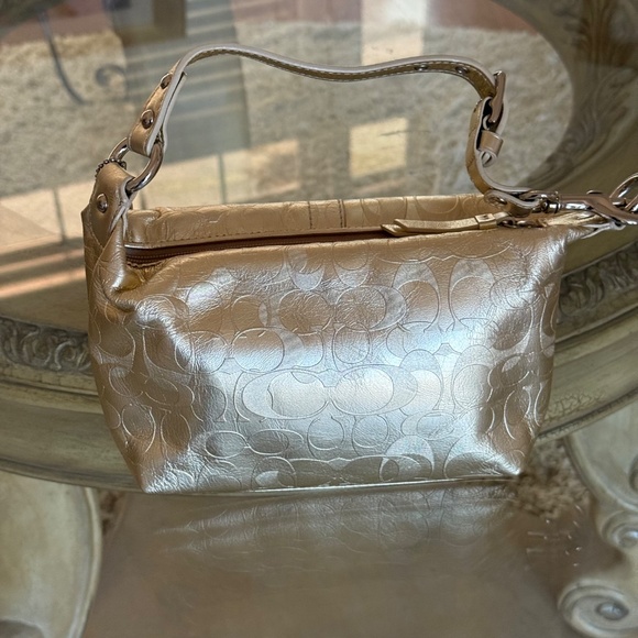 COACH Mini Top Handle Shoulder Bag Metallic Gold Embossed Signature C Leather - Picture 5 of 11
